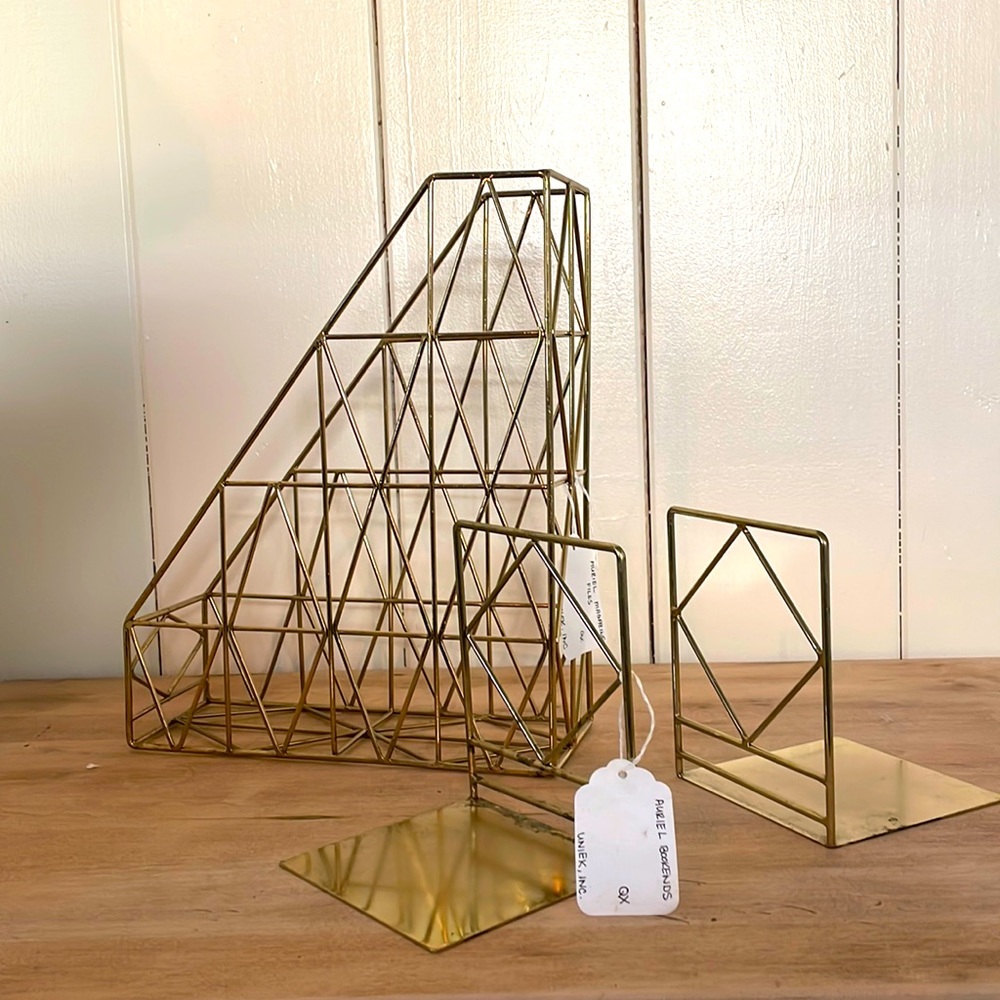 Brass Geometric Wired Magazine File and Bookends Set